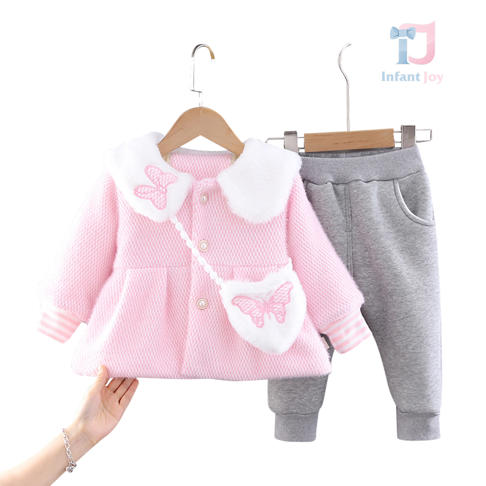 Set de 3 piese cu jachete pufoase cu pluș și perle Pink Butterfly