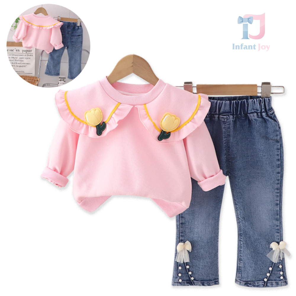 Set sportiv-elegant de 2 piese cu guler spectaculos și elemente 3D Pink Tulip