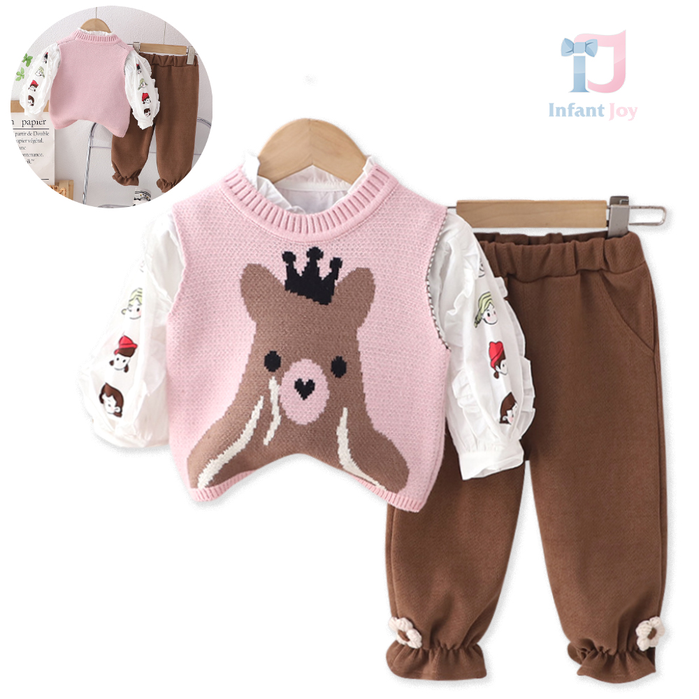 Set premium de 3 piese cu vestă tricotată, mânecă bufantă și broderie Queen Bear
