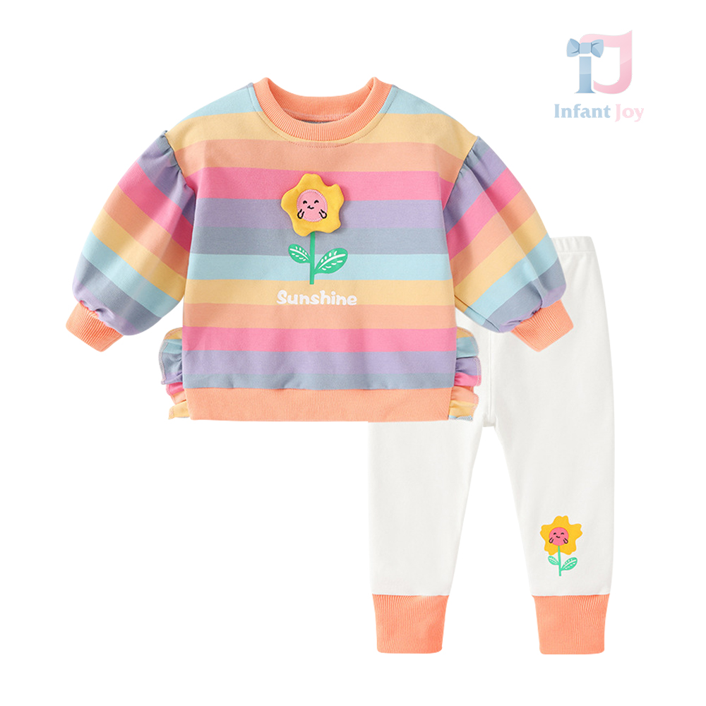 Set de 2 piese cu mânecă bufantă, bucle și floarea soarelui 3D Rainbow Sunshine