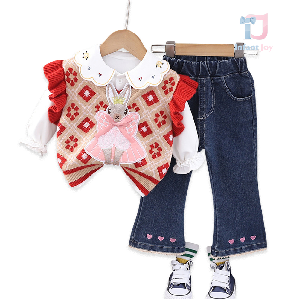Set premium cu vestă tricotată, bucle și broderie Red Bunny Fairy