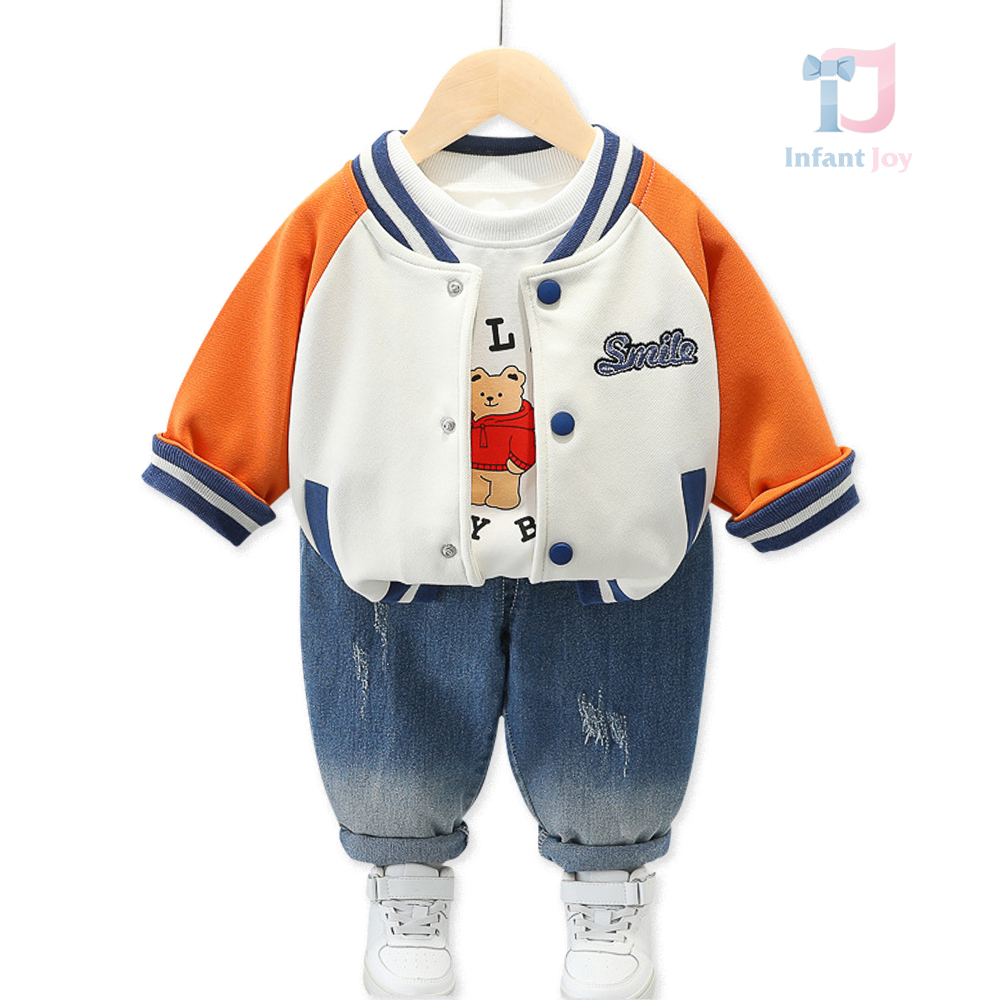 Set de 3 piese cu bomber, pantaloni denim și urs 3D pe spate Smile Holdy Bear