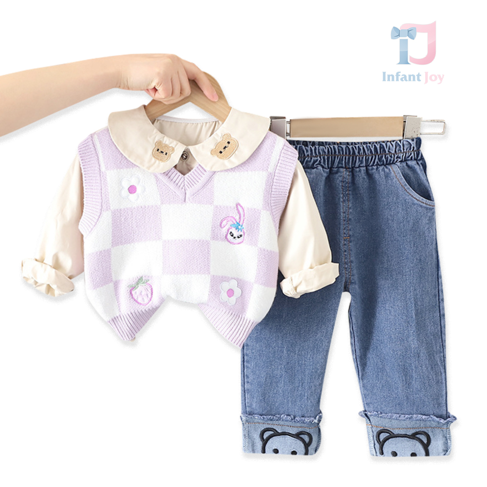 Set premium de 3 piese cu vestă tricotată, broderii și picioare inversate moderne Stella Power