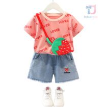 Set de 2 piese cu denim, broderie și cusut, sac 3D Strawberry Lover