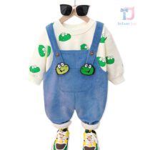 Set matlasat 2 piese cu salopeta cu efect de catifea si broderie Green Dinos
