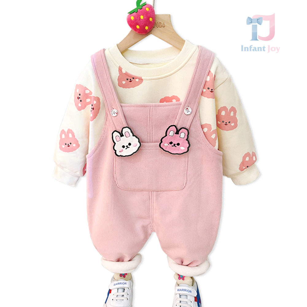 Set matlasat 2 piese cu salopeta cu efect de catifea si broderie Pinkish Bunnies