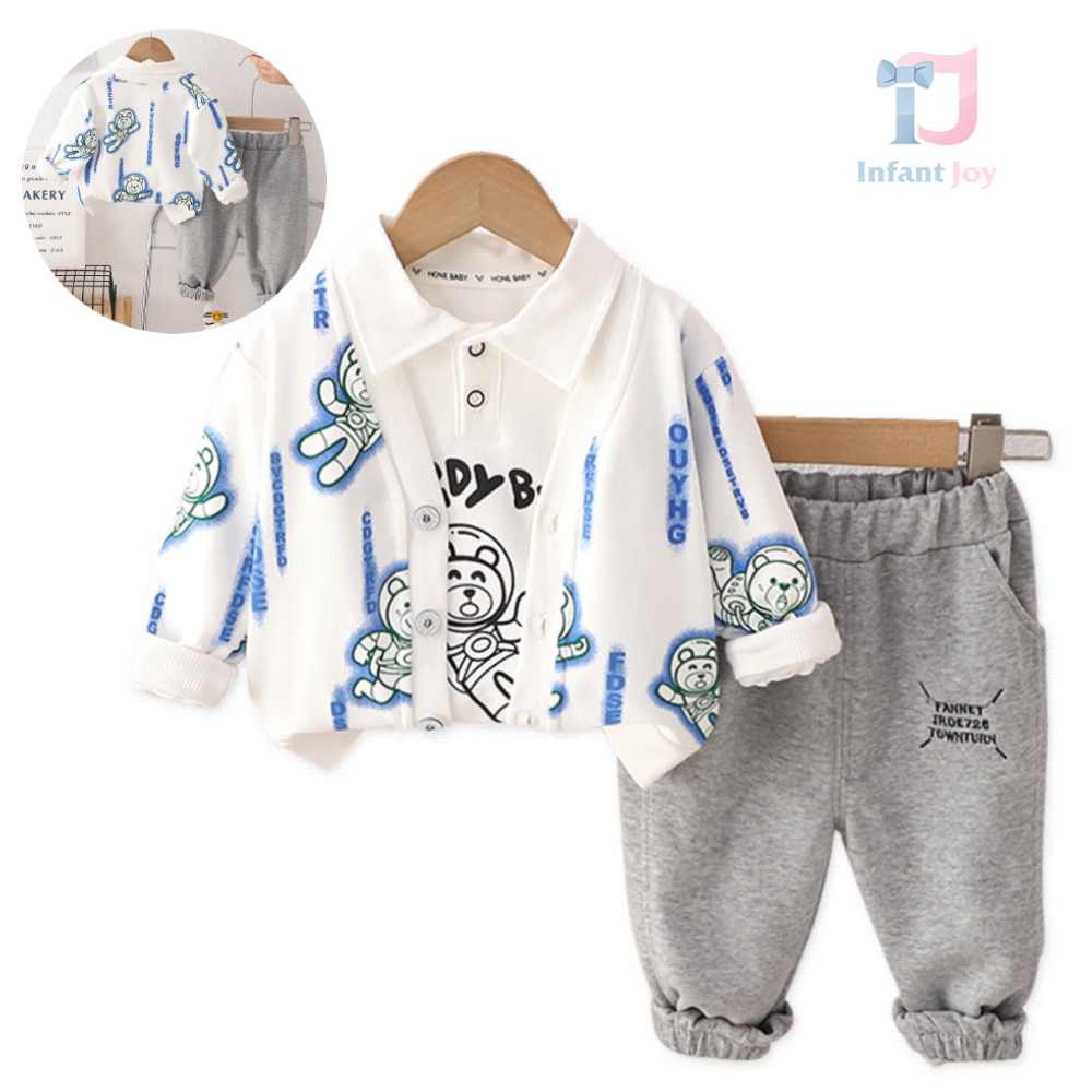 Set de 3 piese cu guler clasic și cardigan din bumbac Woody Buzz Blue