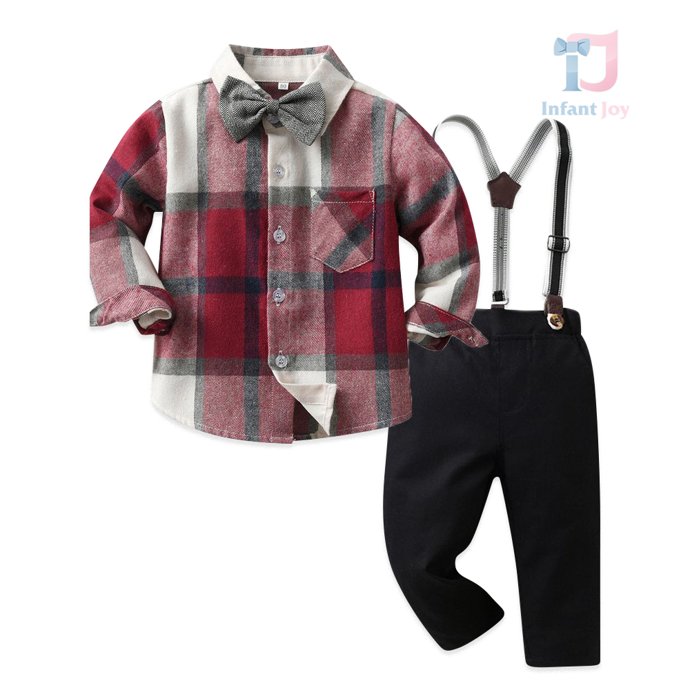 Set sportiv-elegant de 4 piese cu cămașă de lână, papion și bretele Red Kare Boy