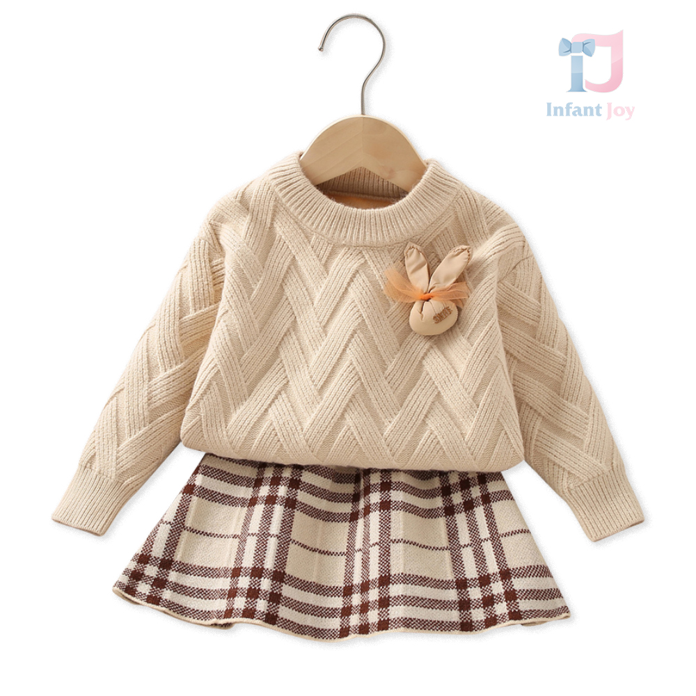 Set tricotat premium de 2 piese cu fustă în carouri și broșă Bunny Burry Miss