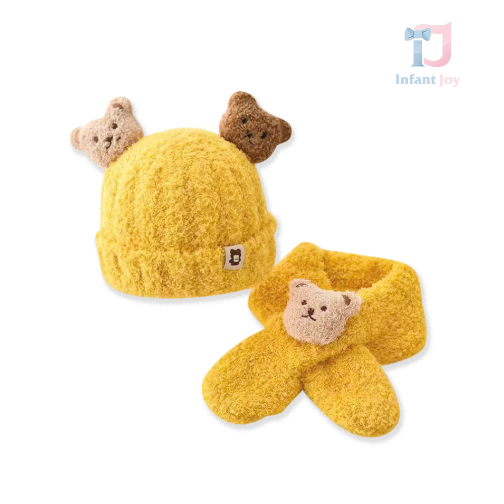 Set căciulă de pluș și eșarfă Bear Baby Yellow