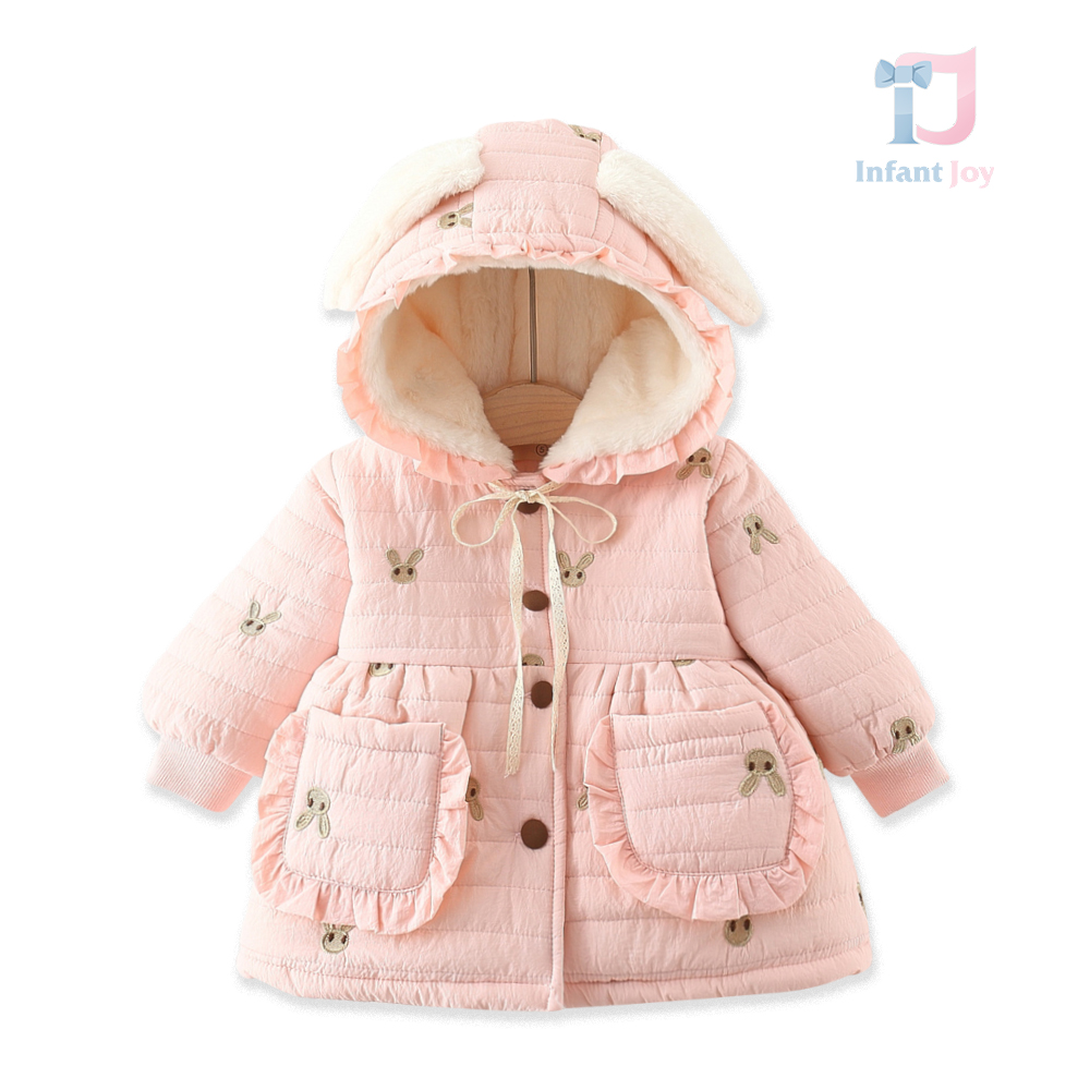 Palton matlasat cu vata de pluș, glugă cu ochiuri și broderie Bunny Girl