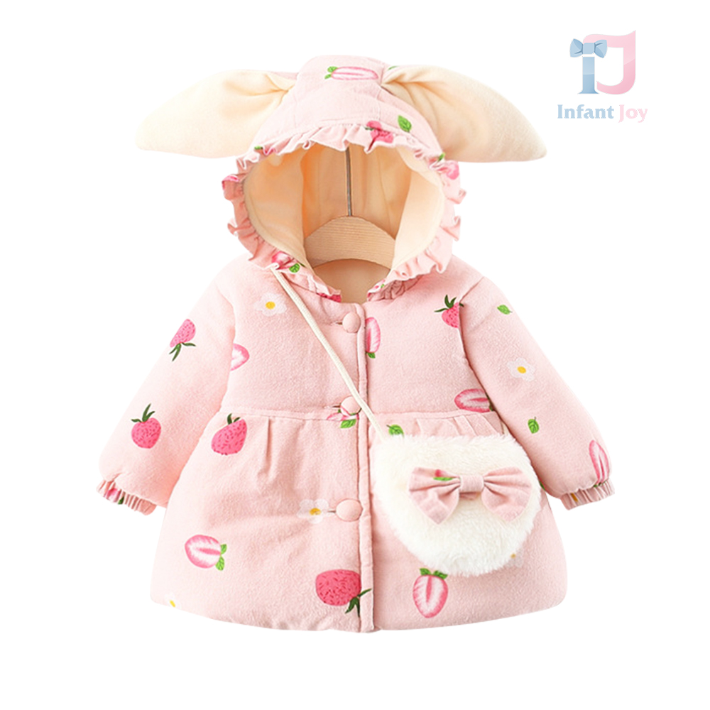 Palton umplut cu puf, cu glugă și geantă Mommy’s Strawberry