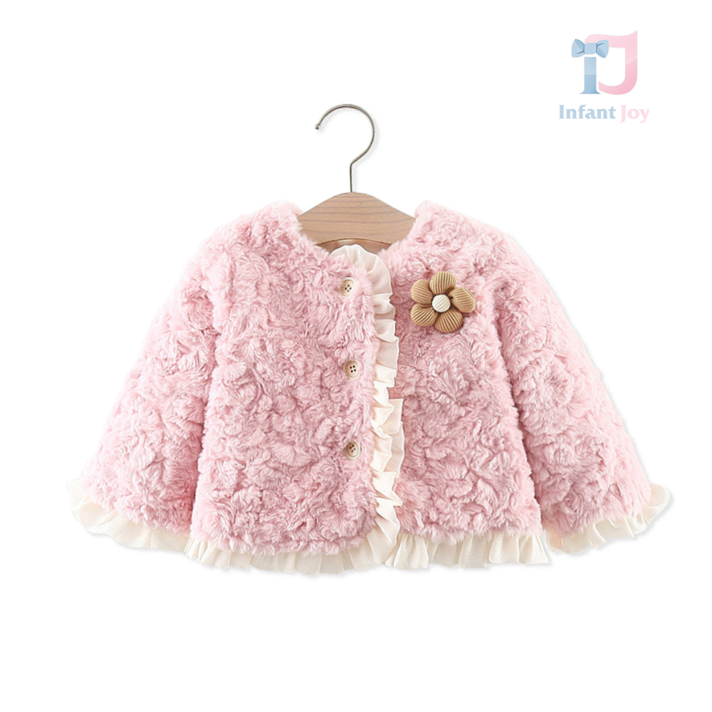 Jachetă pufoasă cu bucle adăugate și flori Mini Flower Pink