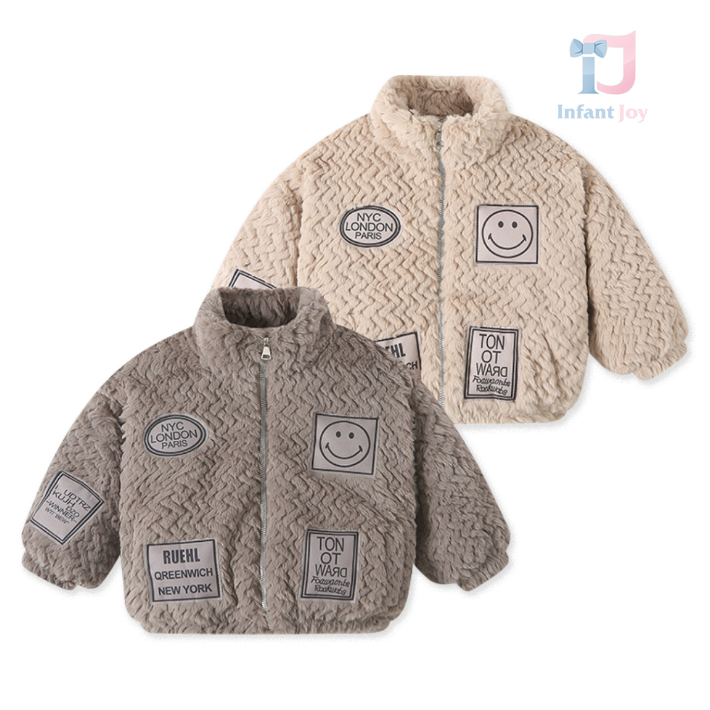 Jachetă de pluș, cu guler înalt și broderie Smile For Me – 2 culori