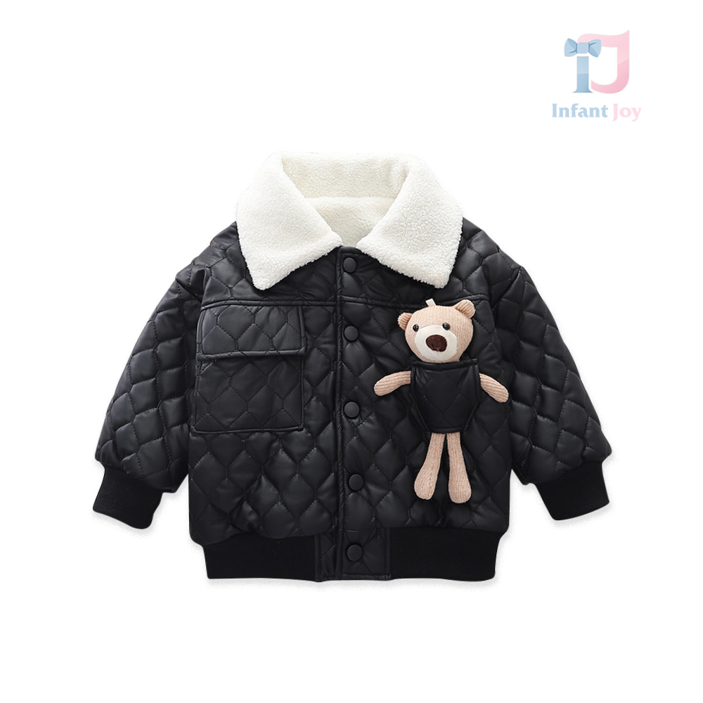 Geacă din piele ecologică matlasată cu Karakul cald și urs 3D Black Bimbo