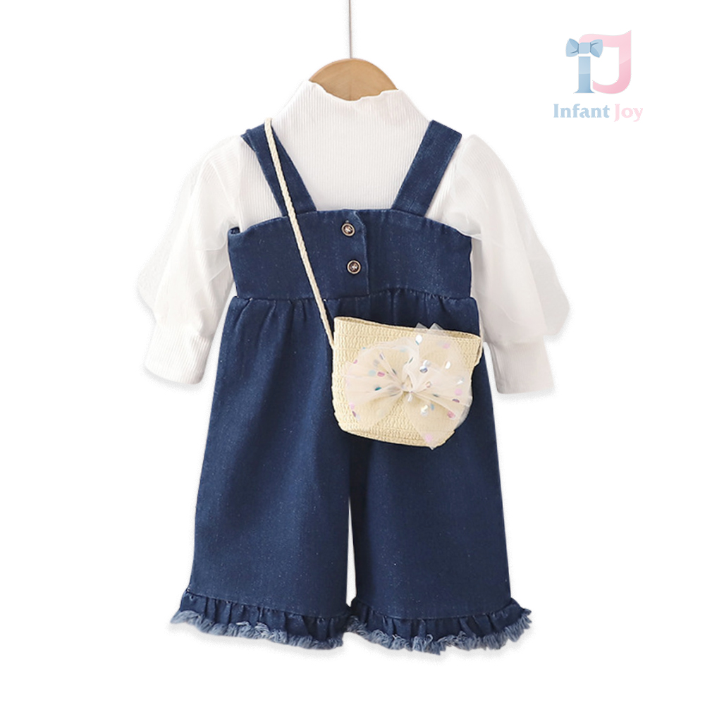 Set de 3 piese cu salopetă din denim, mânecă bufantă și geantă Miss Denim Alpha