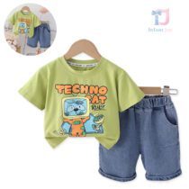 Set de 2 piese cu pantaloni scurti din denim Techno Cat Green