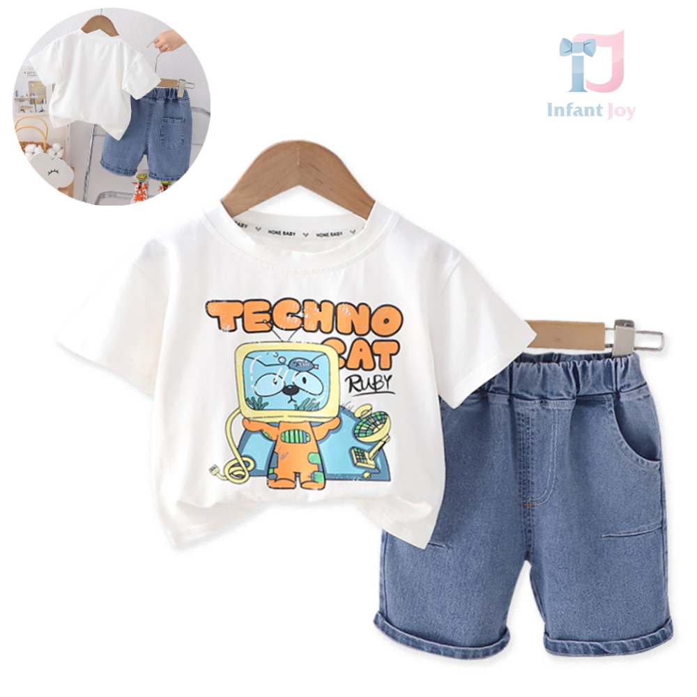 Set de 2 piese cu pantaloni scurti din denim Techno Cat White