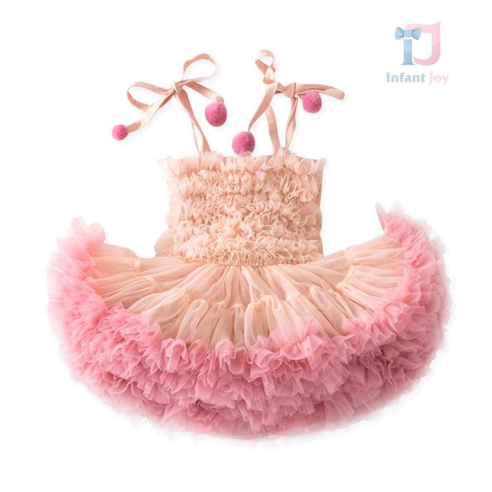 Premium Rochie Tutu si pompoane Candy Rainbow Pink
