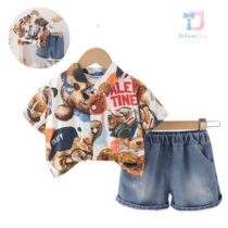 Set sportiv elegant de 2 piese cu cămașă și pantaloni scurți din denim  Bear Friends