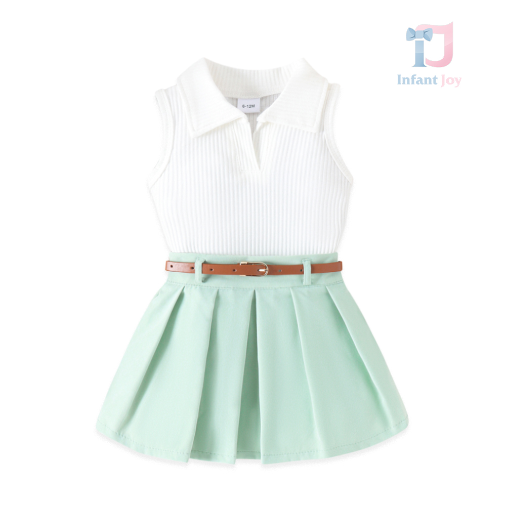 Set de 3 piese cu guler clasic, fustă plisată și curea Mint Breeze Twirl