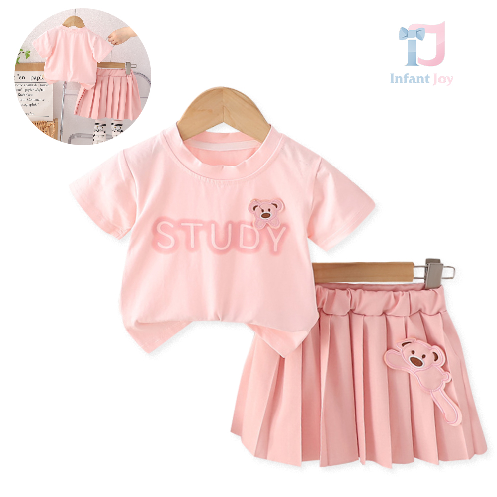 Set de 2 piese cu fusta plisata si elemente 3D Study Bear Pink