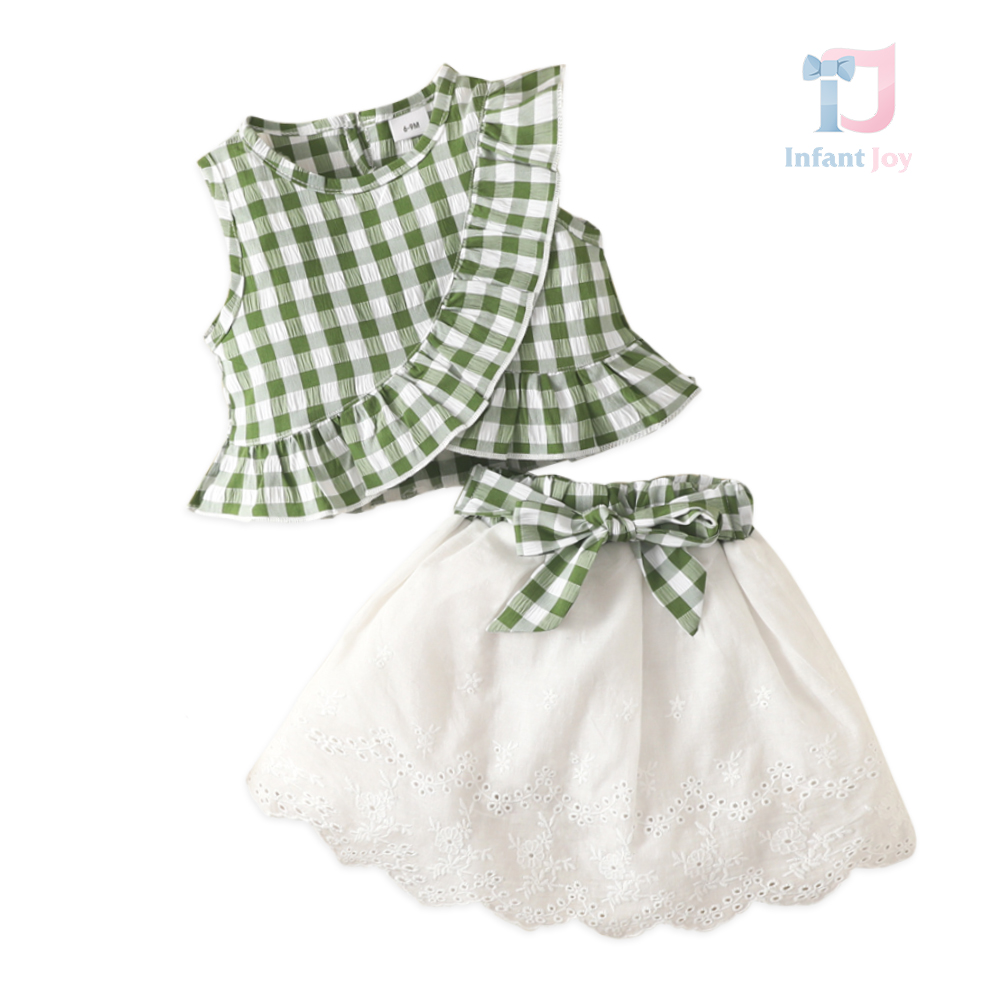 Set de 3 piese cu top, fusta din dantela bumbac si curea French Dreamland Green