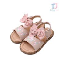 Sandale cu inchidere velcro broderie si panglici Pink Amure