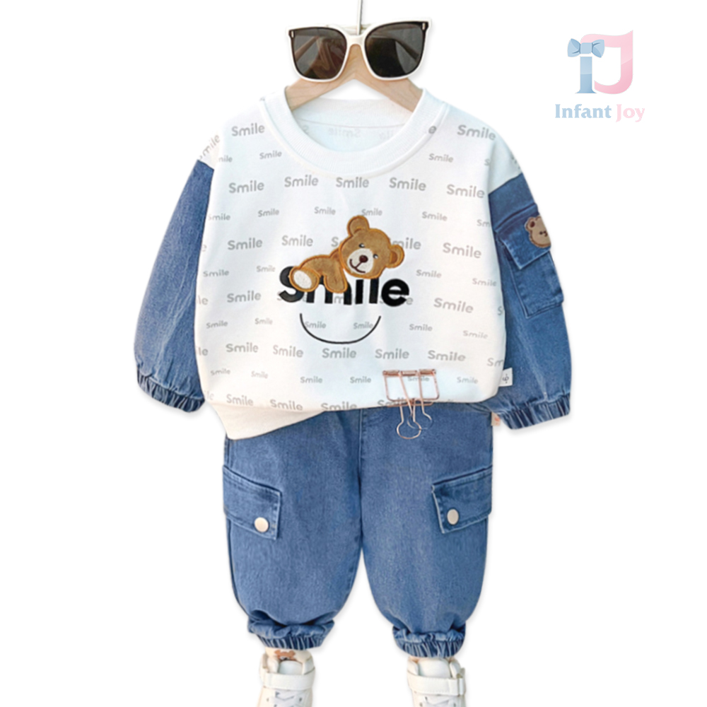 Set de 2 piese din denim premium cu broderie Bear Hugs and Smiles