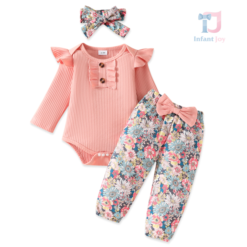 Set de 3 piese body cu bucle, pantaloni florali și bentită Garden Grace Pink