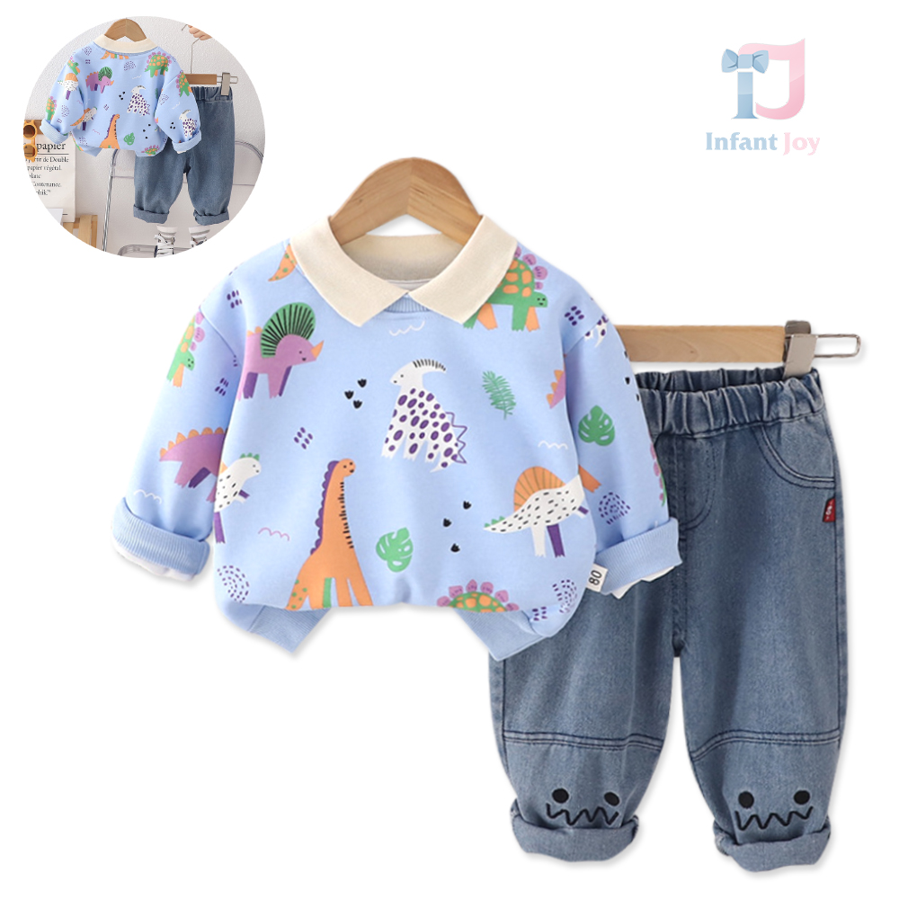 Set Premium de 2 piese cu guler, pantaloni din denim și broderie Jurrasic Joy