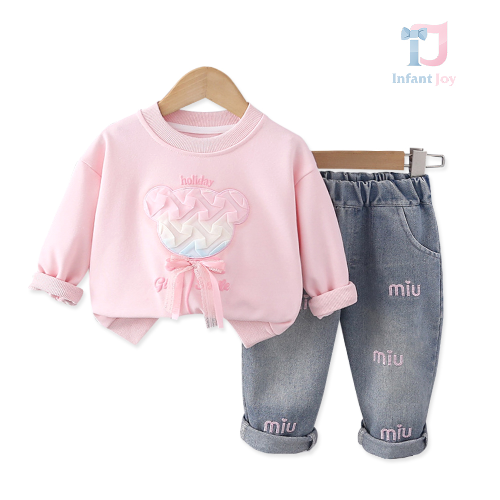 Set de 2 piese cu pantaloni din denim și elemente 3D spectaculoase Honey Bear Delight Pink