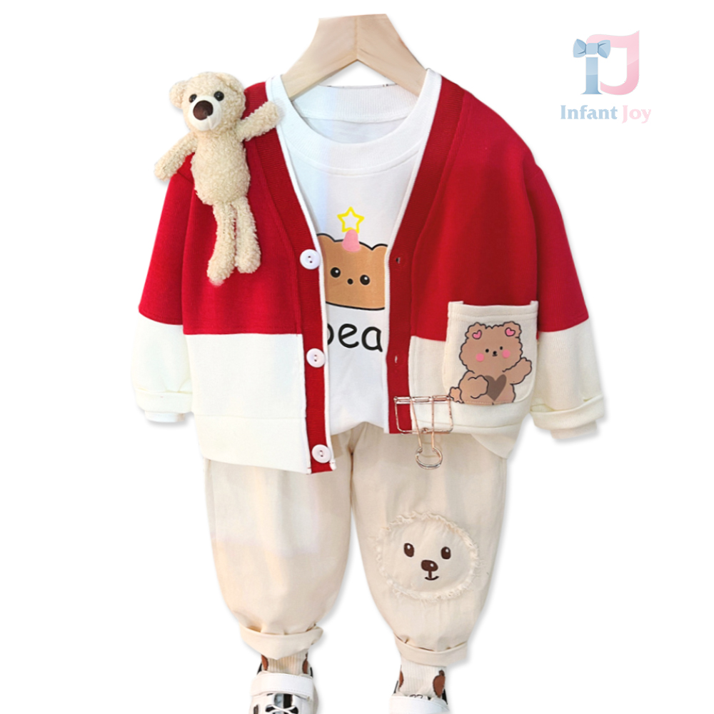 Set de 4 piese cu vestă din tricot fin și urs/broșă 3D Bear Greetings