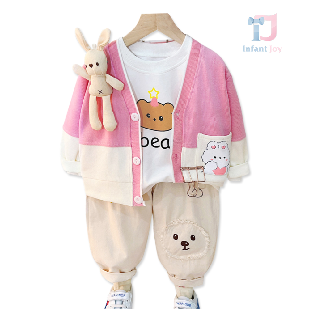 Set de 4 piese cu vestă din tricot fin și urs/broșă 3D Bunny Greetings