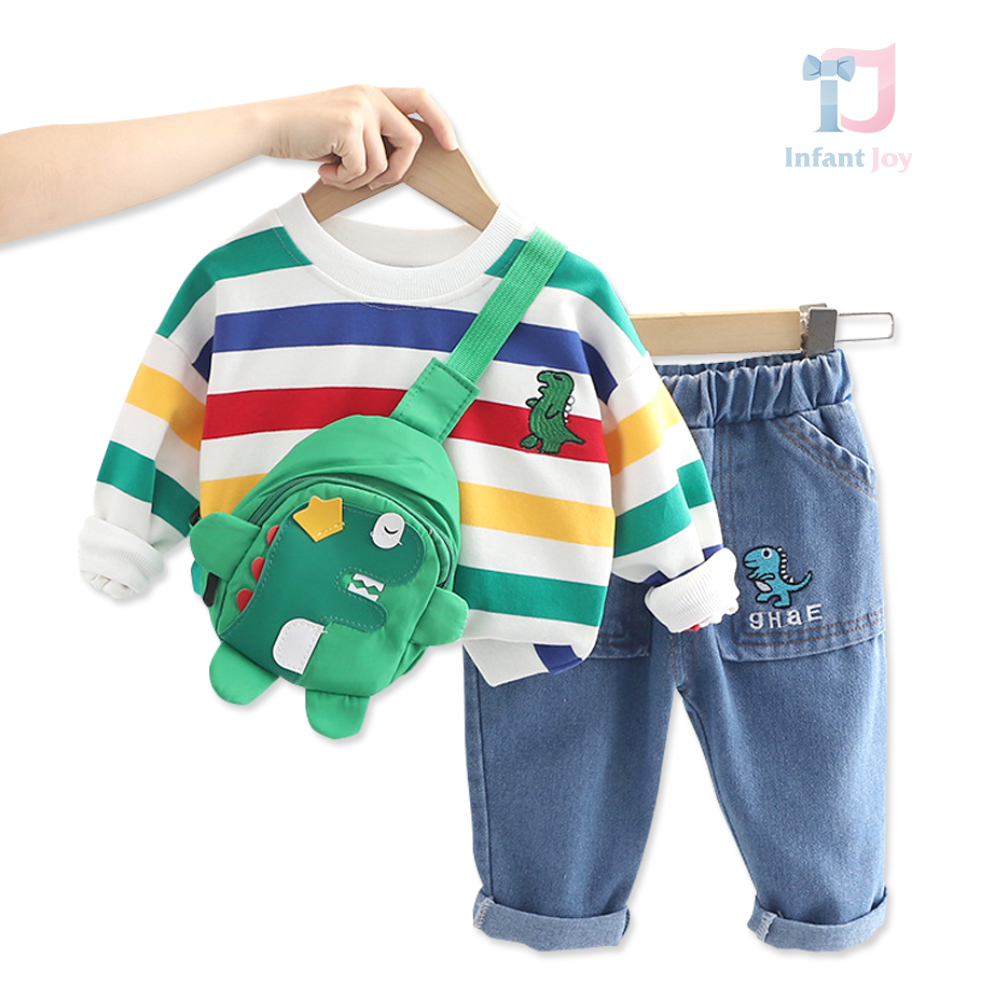 Set de 3 piese cu blugi, broderie si geanta de umar Color Dino