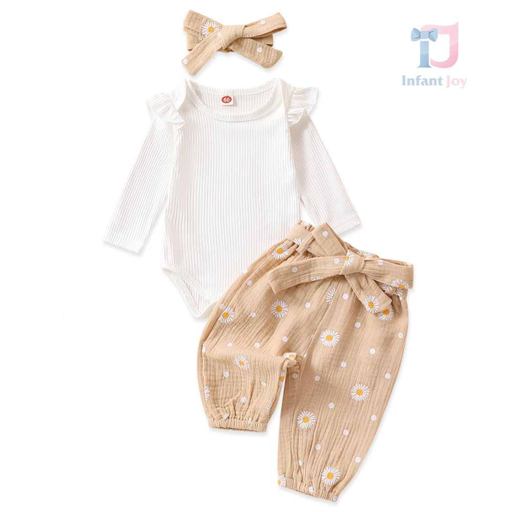 Set de 3 piese, body cu bucle si pantaloni de muselina + panglica Daisy Latte
