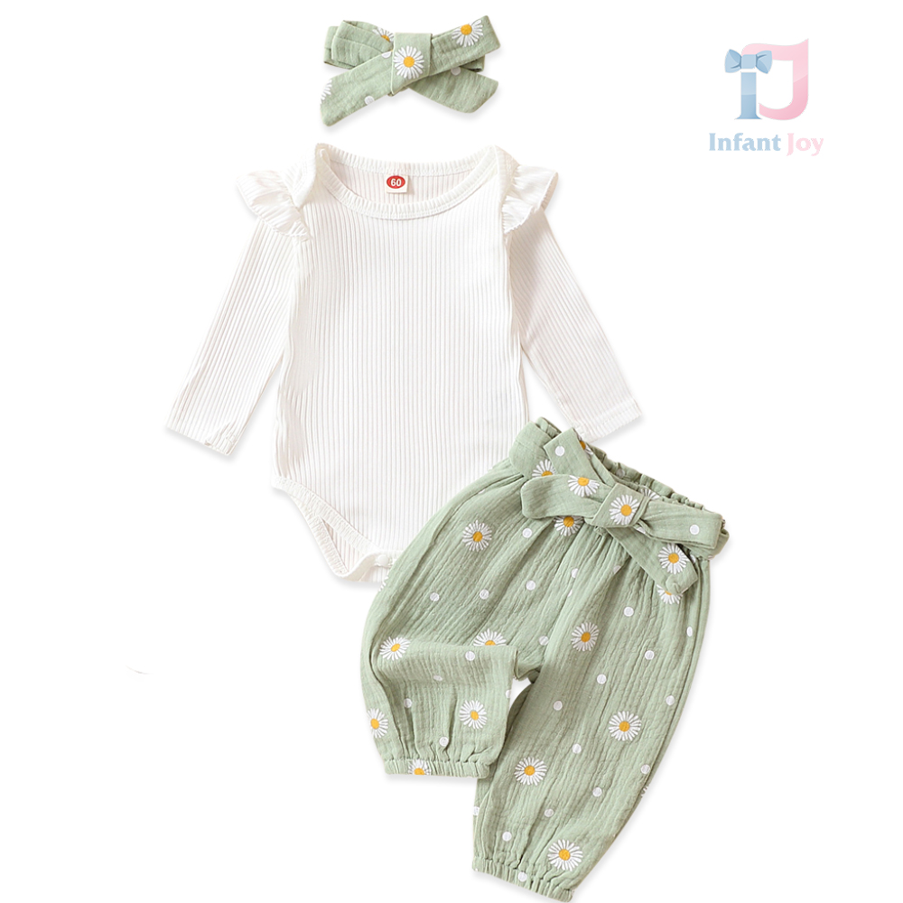 Set de 3 piese, body cu bucle si pantaloni de muselina + panglica Daisy Matcha