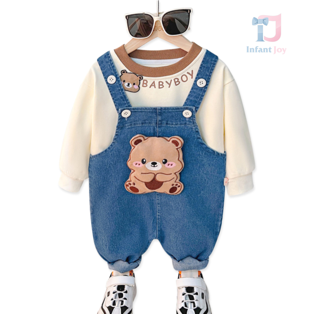 Set de 2 piese cu salopete din denim și aplicații 3D Baby Bear Boy