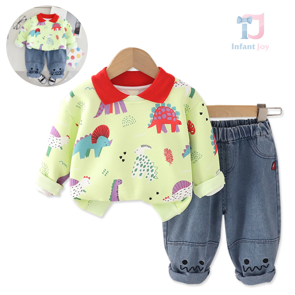 Set Premium de 2 piese cu guler, pantaloni din denim și broderie Jurrasic Joy Green