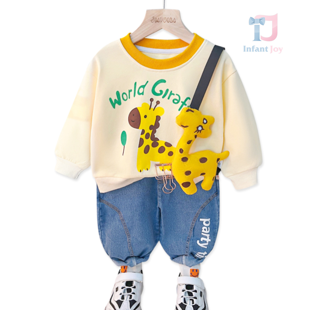 Set de 3 piese cu pantaloni din denim și pandantiv pe umeri World Giraffe