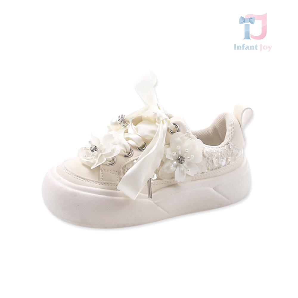 Pantofi sport-eleganți cu șireturi și flori 3D Floral Elegance White