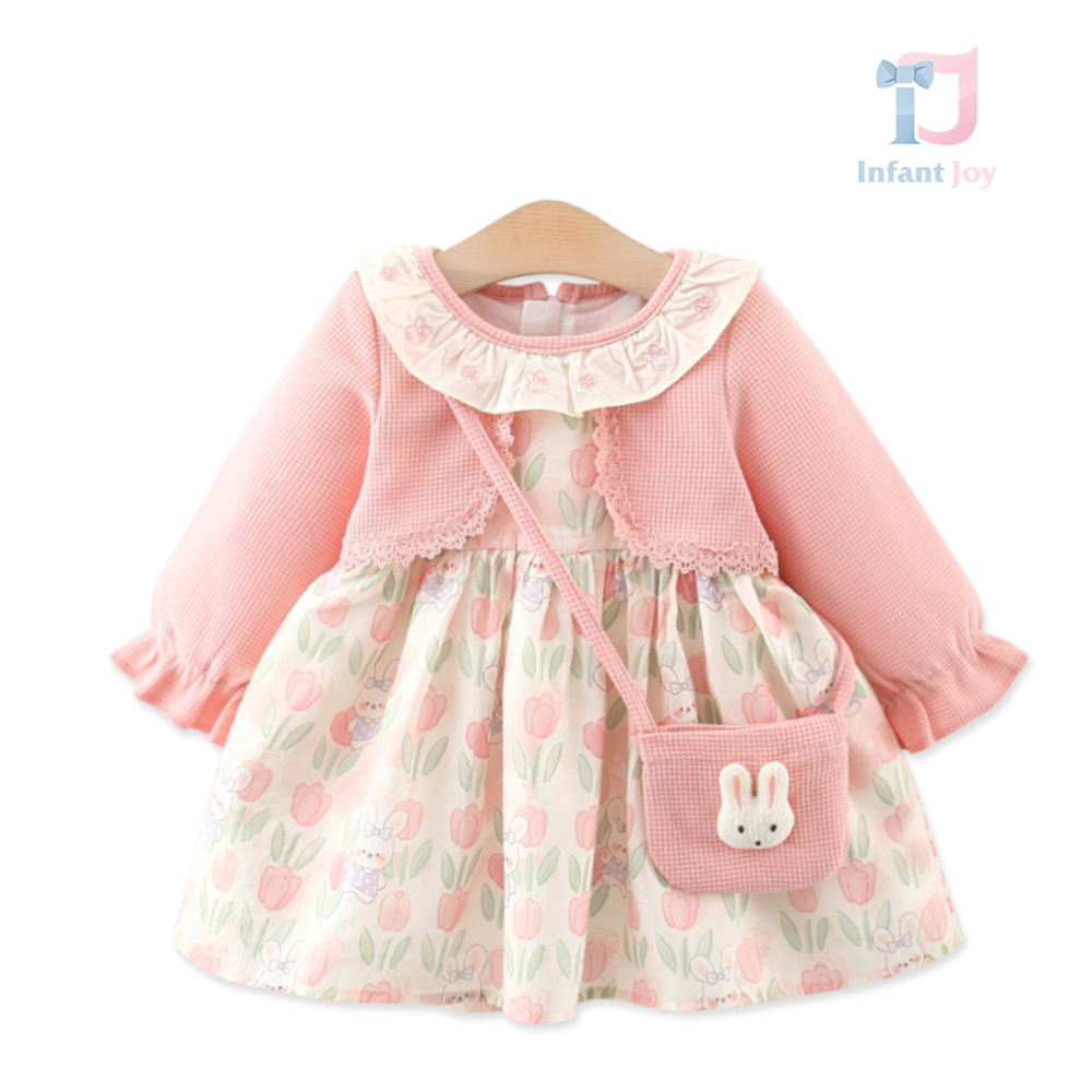 Set premium de 2 piese cu rochie cu maneca lunga si geanta de umar Bunny Tulip Garden