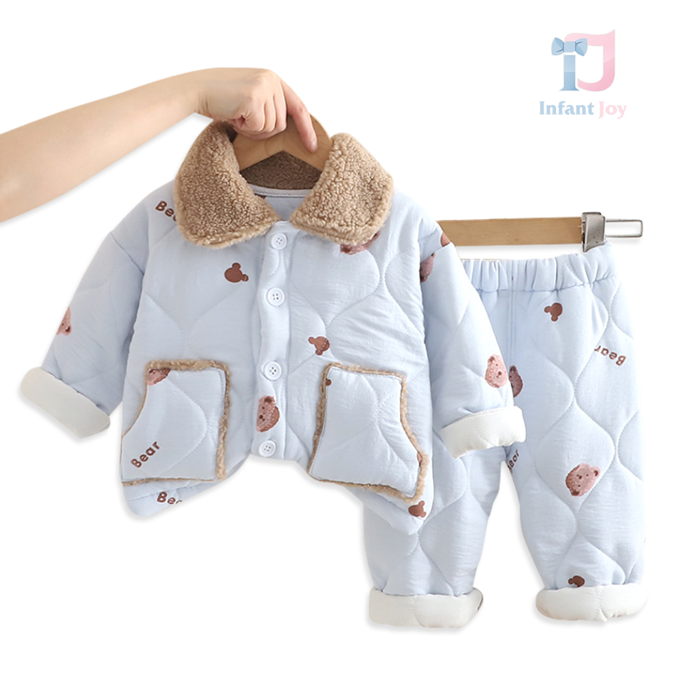 Set matlasat de 2 piese cu umplutură din puf, guler de pluș și imprimeuri Quilted Bear Hug SkyBlue