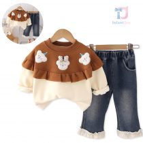 Set matlasat de 2 piese cu elemente 3D si blugi Chic Bear Ruffle