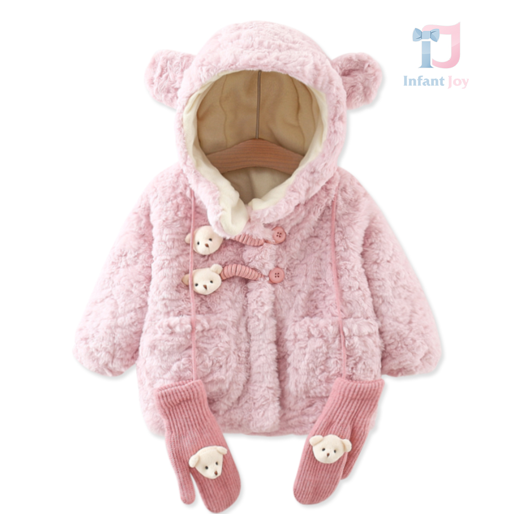 Set premium de 2 piese de haină pufoasă, cu vată de pluș și mănuși Fluffy Bear Pink