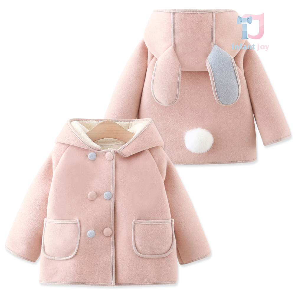 Palton premium din piele intoarsa ecologica cu vata de pluș, glugă și urechi de iepure Pastel Pink Bunny