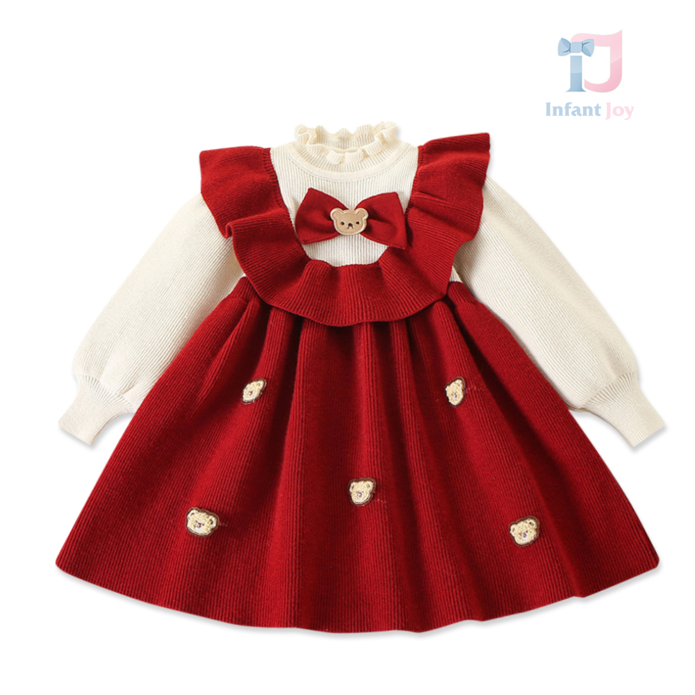 Rochie din tricot fin, cu bucle si accente 3D Red Cozy Bear