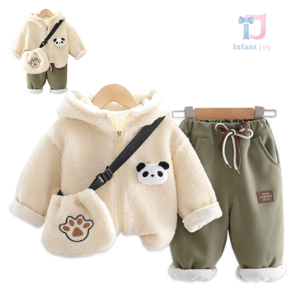 Set matlasat de 3 piese cu jachetă pufoasă cu glugă și geantă de umăr Fluffy Panda