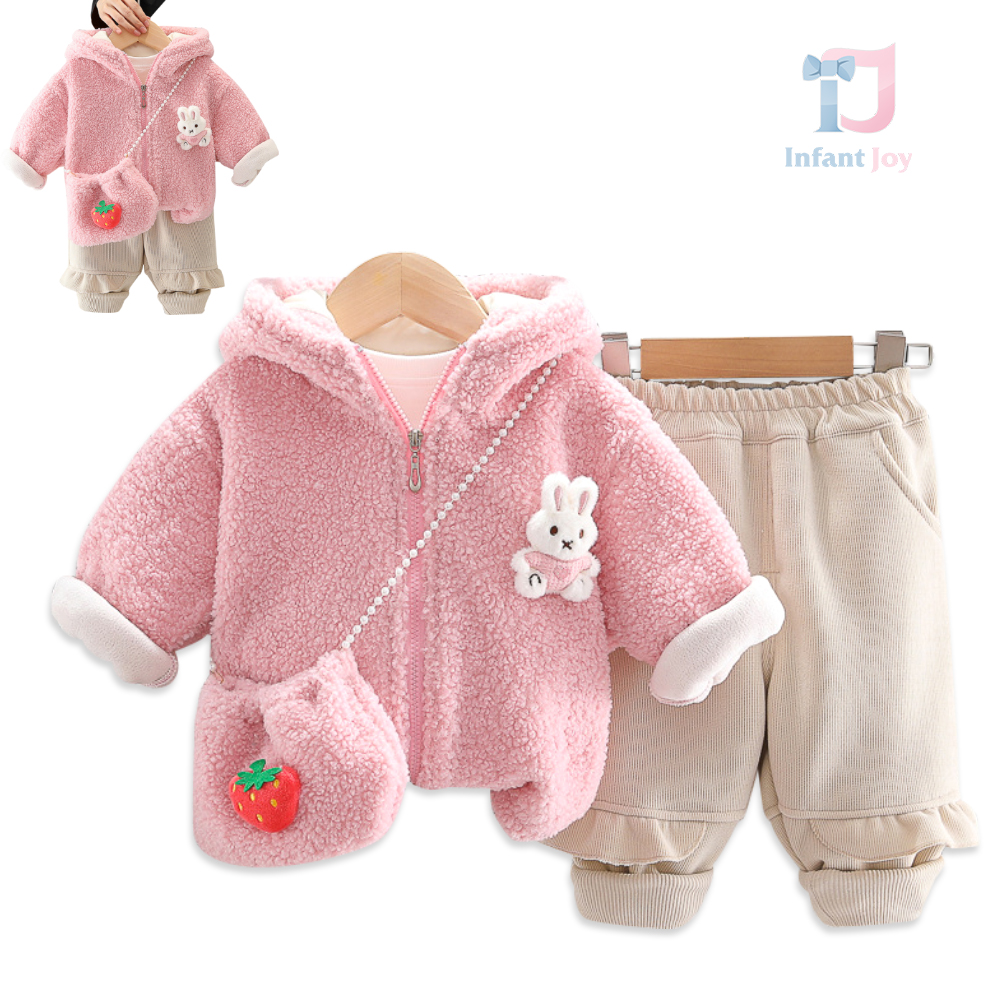 Set matlasat, premium de haină, pantaloni în relief și geantă de umăr din pluș și Fuzzy Strawberry