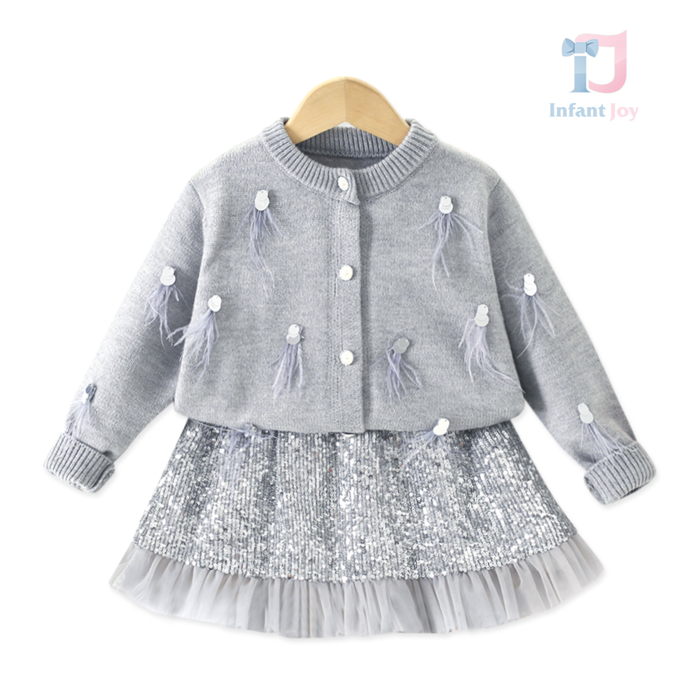 Set elegant de 2 piese cu cardigan, elemente 3D și fustă cu tulle Silver Glow